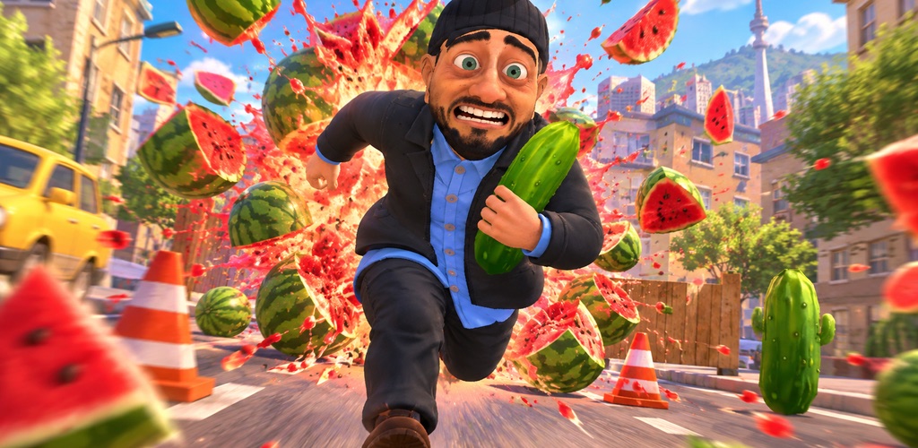 The bearded hero sprinting down a city street through exploding watermelons, clutching a cucumber